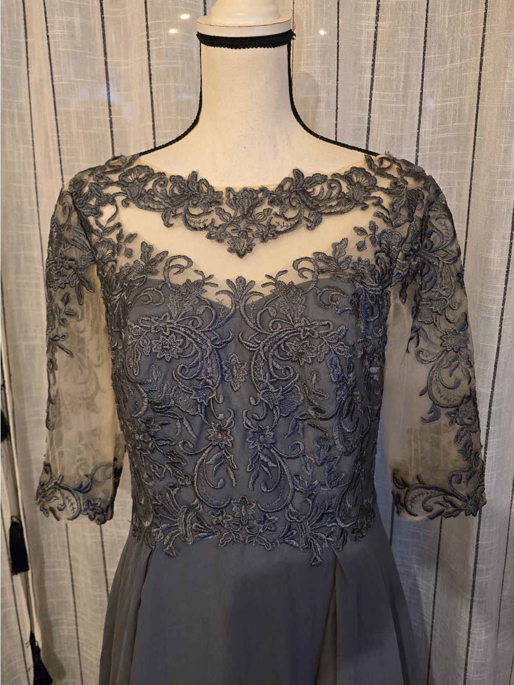 Embroidered Sheer Yoke Maxi Dress in Charcoal Gray